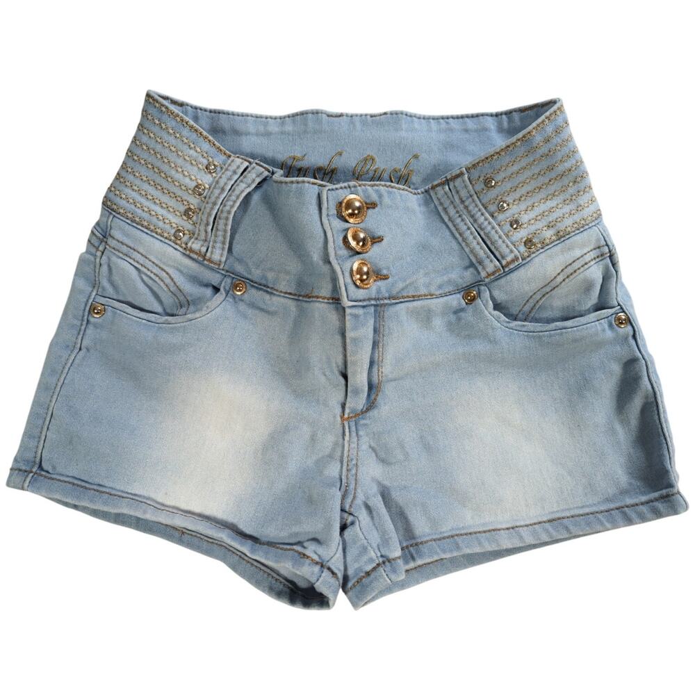 Tush Push Jeans High Waist Light Wash Denim Shorts Gold Button Women S